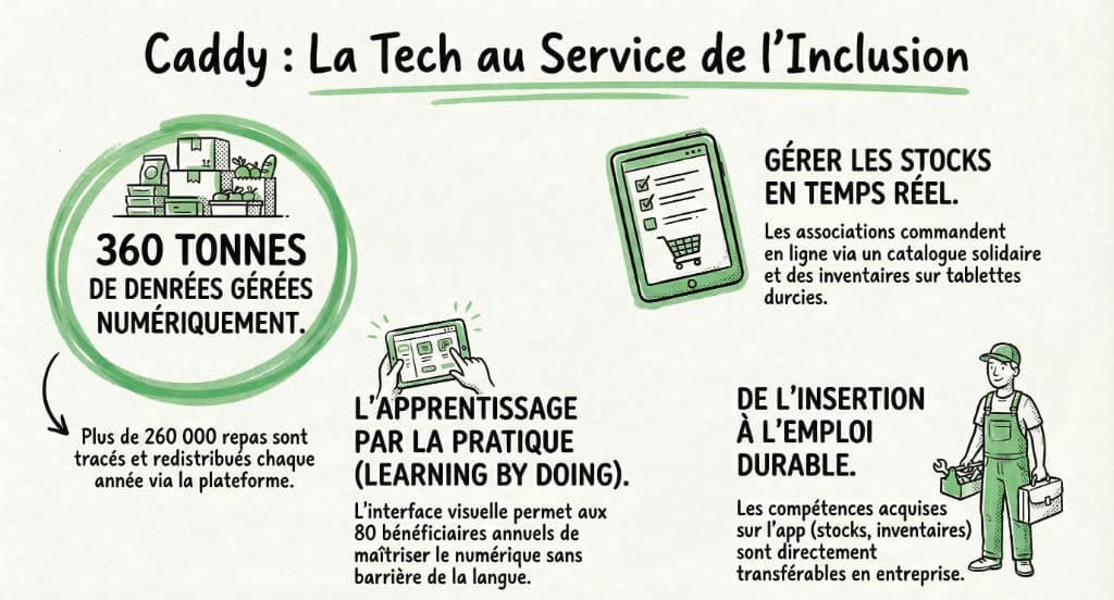 Caddy : la technologie au service de l’inclusion. L’infographie relie la gestion des denrées, l’apprentissage par la pratique et les compétences utiles à l’insertion professionnelle.