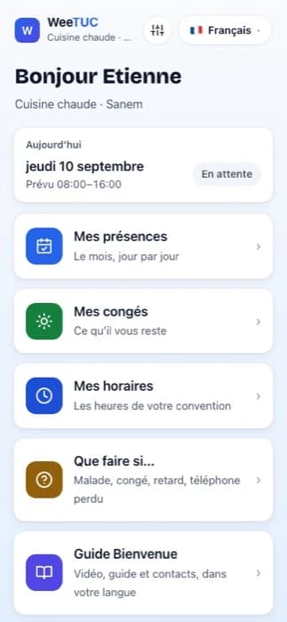 L'espace personnel WeeTUC d'un bénéficiaire sur téléphone (données fictives)